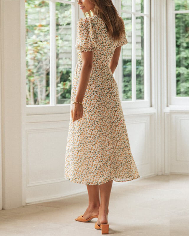 Women's Puff Sleeve Printed Slit Dress